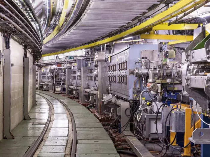 The Proton Synchrotron further accelerates the beam along its 628-meter circular path, shown here, and smashes it into a block of mostly the chemical element iridium. The proton beam interacts with the iridium, producing about four antiprotons per every millionth collision. But these antimatter particles still have a long way to go from here.