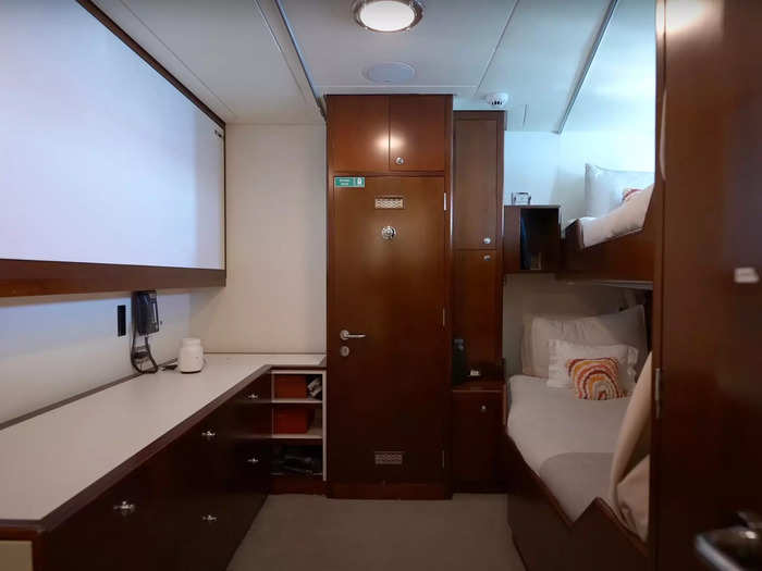 Crew members stay in staff quarters on the lower level where two people share each cabin. There