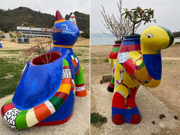 A path along the beach leading to the Benesse House hotel was lined with whimsical animal sculptures that appeared to double as plant holders. I also walked by a gift shop, spa, and restaurant.