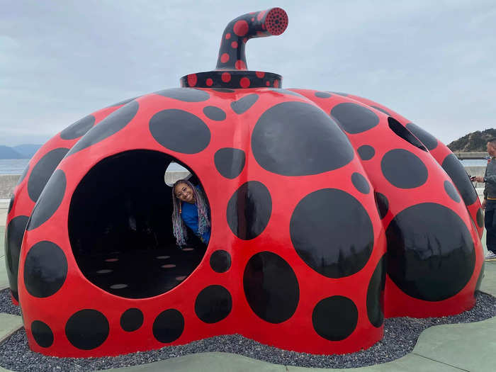 After docking on the island at Port Miyanoura, one of two ferry ports, I was immediately greeted by the "Red Pumpkin" sculpture from Yayoi Kusama, a contemporary Japanese artist known for her polka-dot designs.