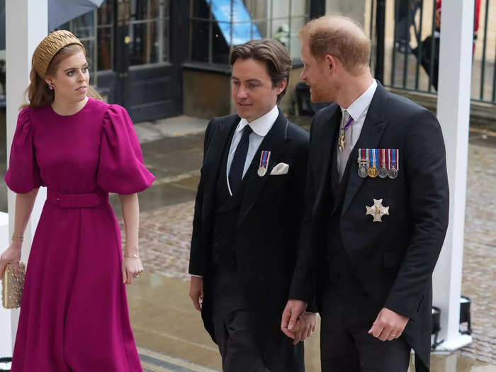 Prince Harry chatted animatedly with his cousin Princess Beatrice and her husband, Edoardo Mapelli Mozzi, as he entered the abbey.