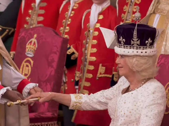 After she was crowned, Camilla was presented with a royal scepter and a royal rod.