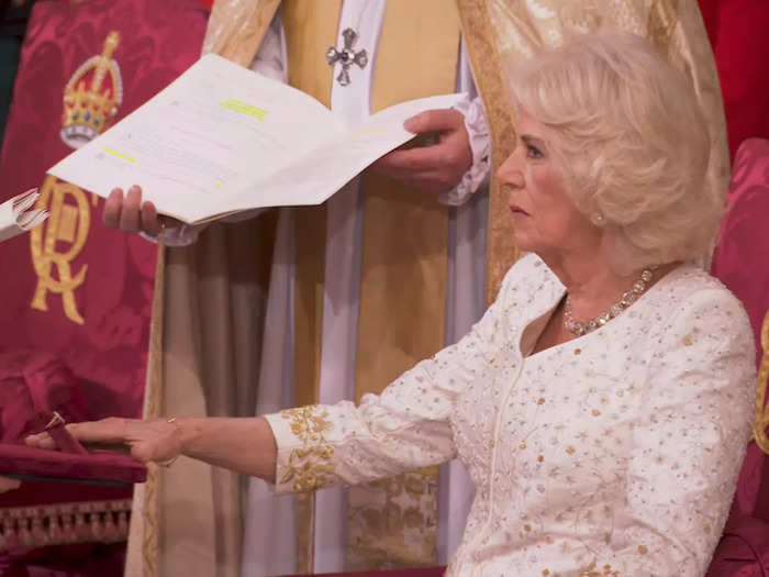 Camilla was then presented with the royal ring, which symbolizes her promise to God and the United Kingdom. She placed her hand on the ring holder as the Archbishop explained its significance.