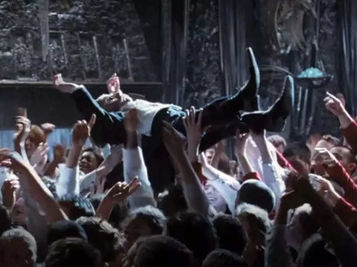 Warwick Davis came up with the idea for his character to crowd-surf.