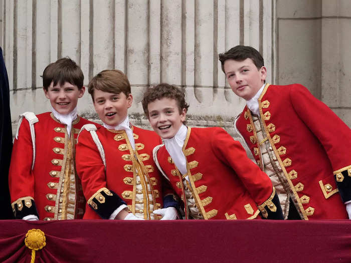 Prince George was spotted grinning with his fellow pages of honor — Oliver Cholmondeley, Nicholas Barclay, and Ralph Tollemache — who assisted Charles during the ceremony.