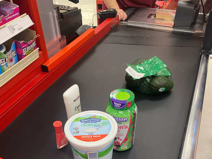 I approached the cashier with my five items and asked if she