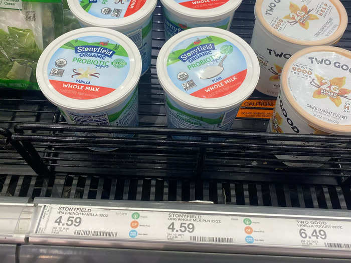 Next, I needed some plain white yogurt — a staple in my home and every other Indian household. I only found one brand of plain yogurt, Stonyfield. It was selling for $4.59 and it was a brand I liked so I pulled out my phone.