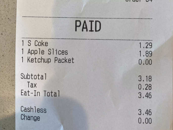 So I order a small coke, apple slices, and ketchup.