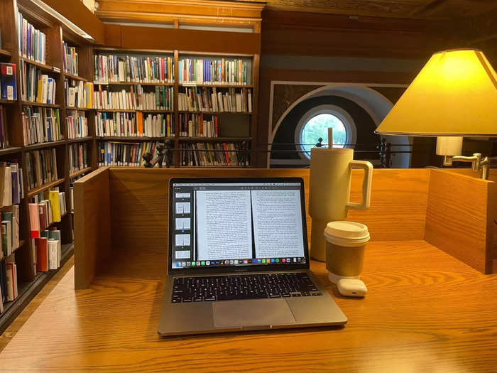 After class ends at 4:30 p.m., I did more reading in my favorite study spot on campus: the Bioethics Research Library.