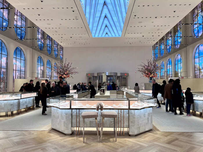 The first floor of the store was dedicated to iconic Tiffany jewelry, like Bone Cuff bracelets and "Bird on a Rock" brooches. The windows inside weren