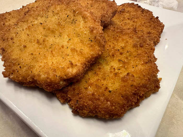 The schnitzel came out tender and juicy — likely because of the cooking method.