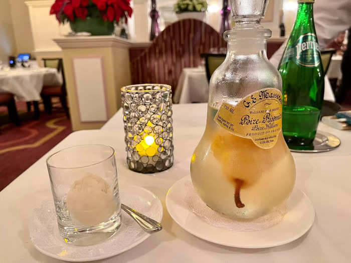 A pear brandy was served as a palate cleanser.