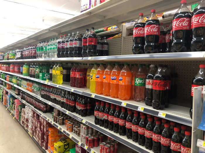 The store had a wide selection of shelf-stable packaged foods, such as soda and pasta.