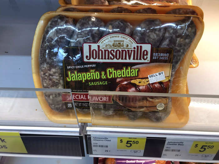 I was initially interested in these cheddar-and-jalapeno bratwursts, but I changed my mind when I saw how gray they were. (They were still over a week away from their sell-by date.)