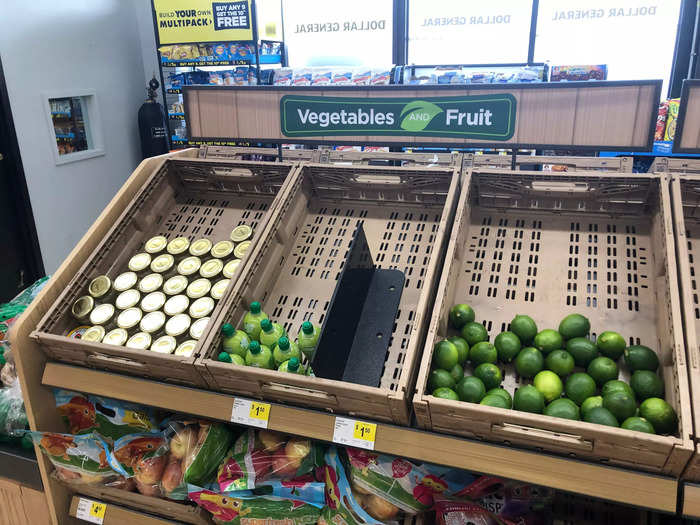 But some space reserved for fresh produce was partially empty or contained shelf-stable packaged foods, like chopped garlic in jars.