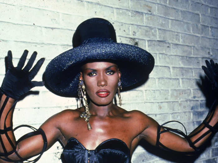 Grace Jones wore black cutout dress that resembled strappy lingerie to the International Rock Awards in 1989.