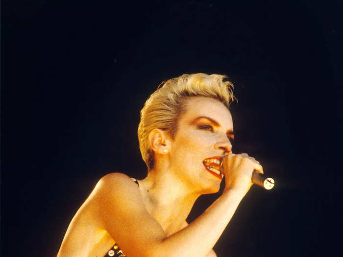 Annie Lennox wore a bright red bra to a music festival in Belgium in 1987.