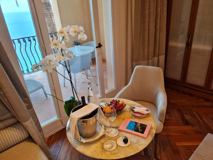 On the table, there was a selection of complimentary treats that had been left by the hotel