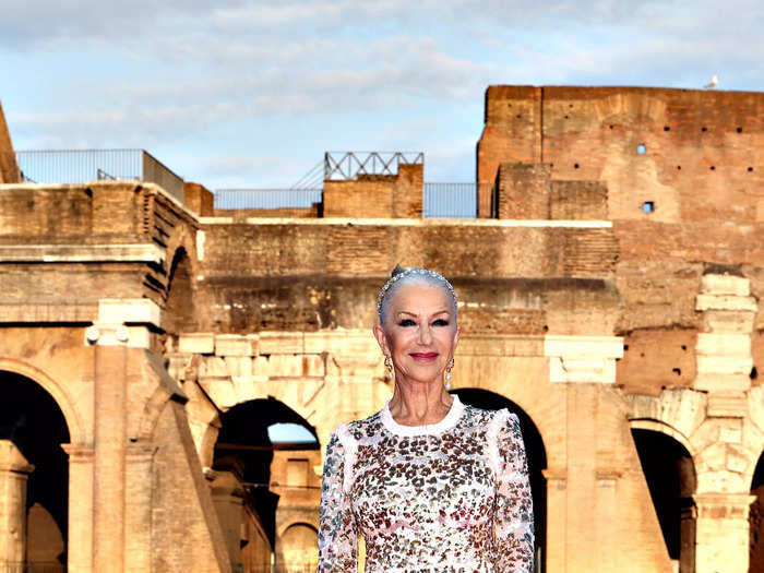 Helen Mirren shone bright like a diamond in her gold-embellished white dress.