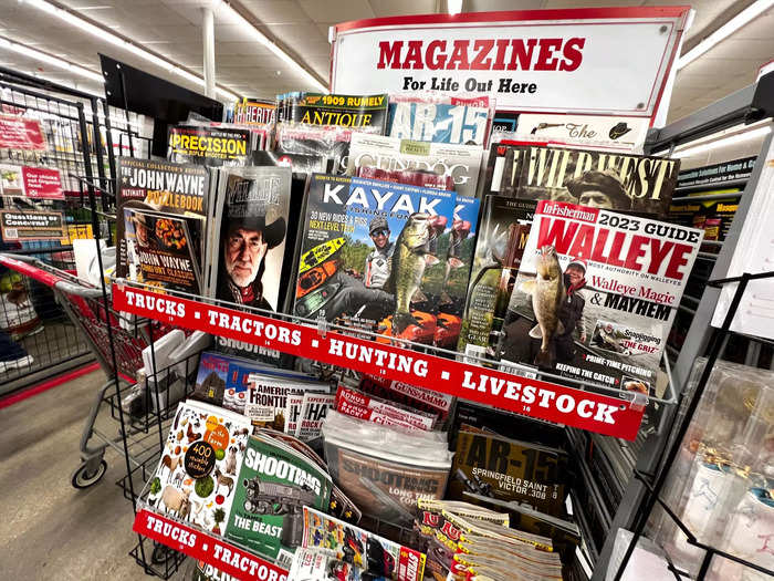 Toward the rear of the store, rural lifestyle magazines keep shoppers up to date on their interests, from gardening to guns to fishing.
