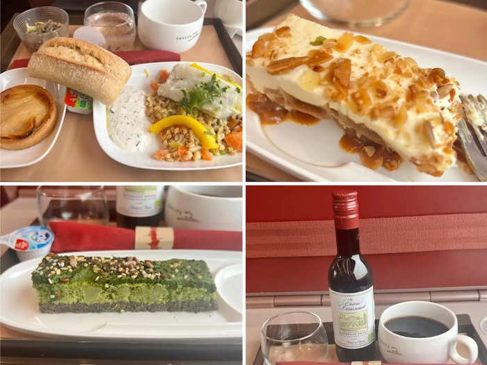 …as well as two meals included in the fare, which has options like broccoli mousse, a waffle pastry, fish with veggies, or a rice dish — though the menu rotates.