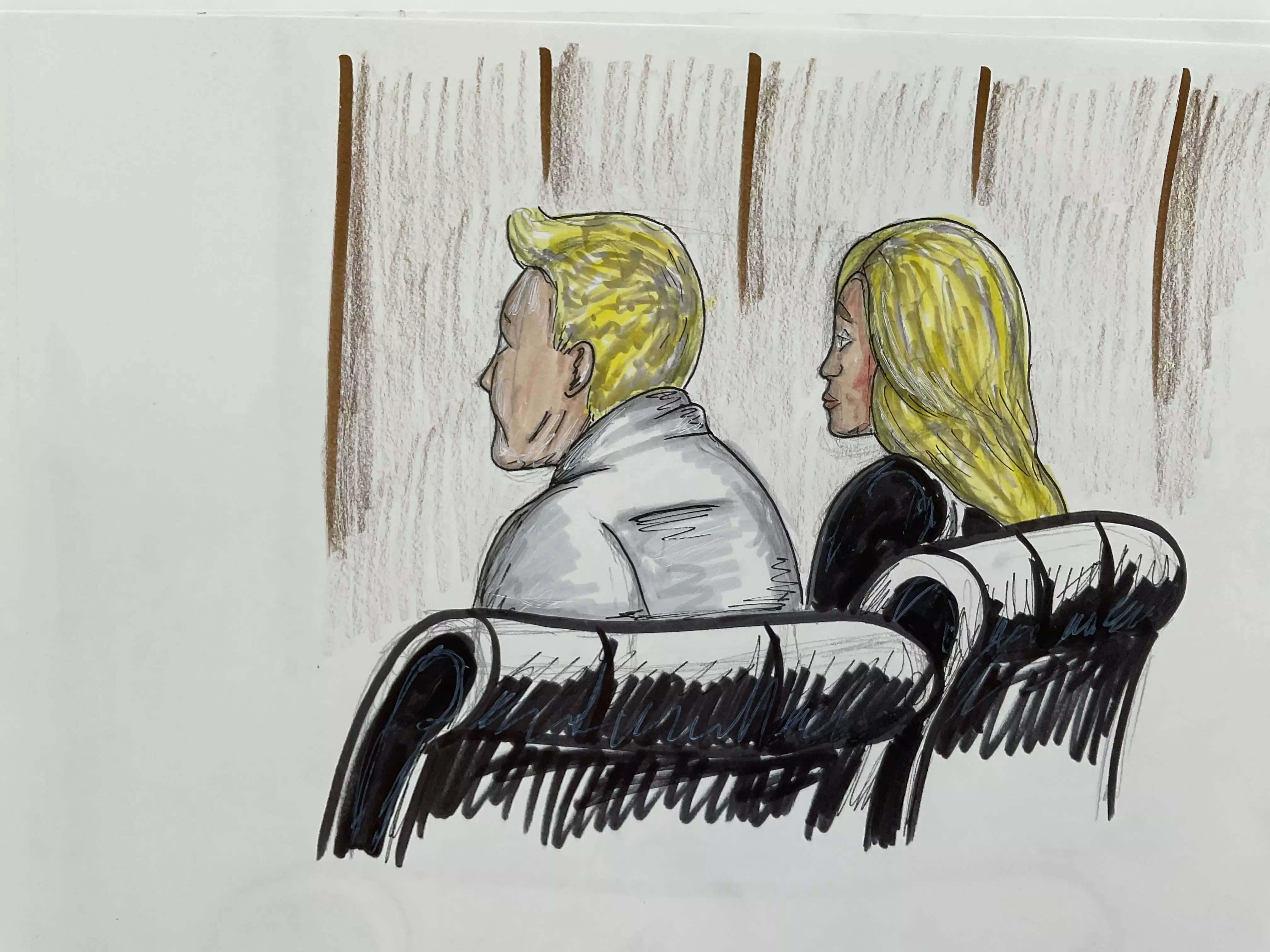 A court sketch shows Todd and Julie Chrisley listen in court as their accountant is sentenced