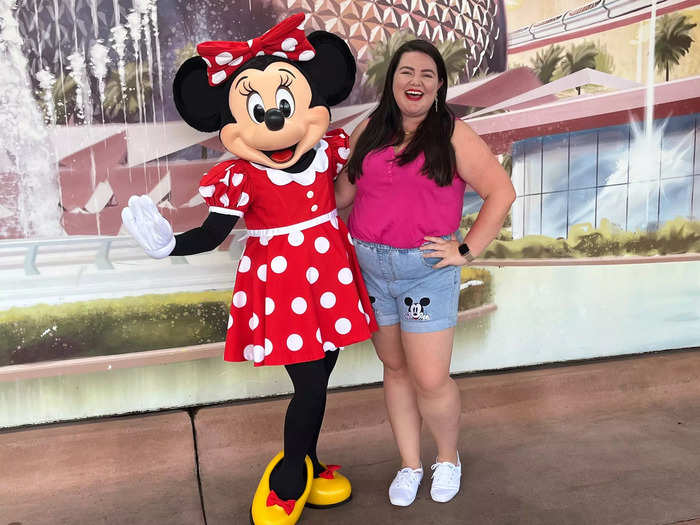 I recently spotted Minnie in her classic polka-dot dress at the entrance to Epcot.