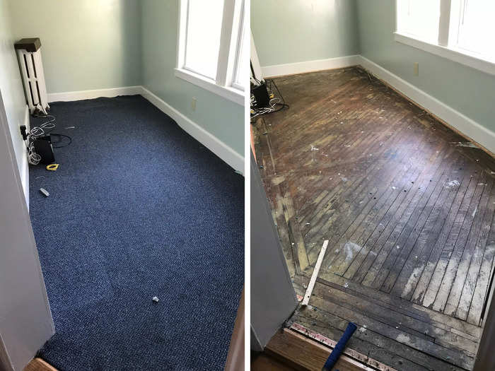 The contractors also declined to restore the original wooden floorboards that the couple found beneath the blue carpeting in their library.