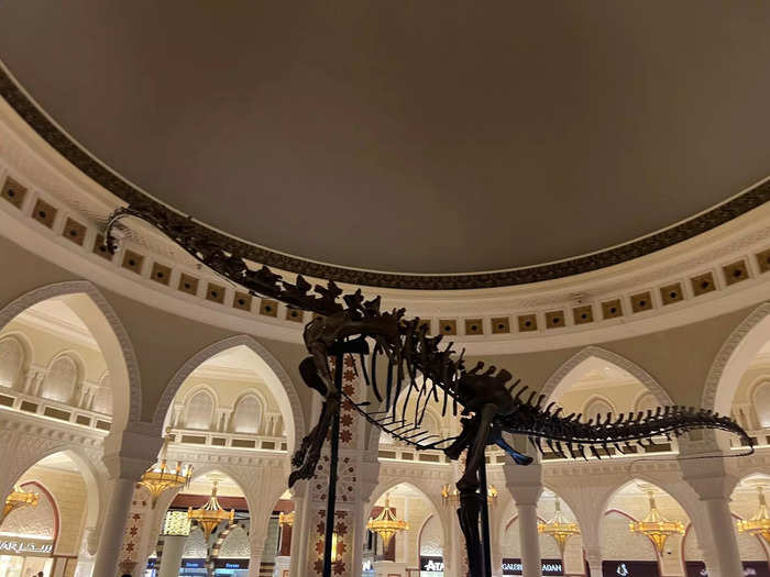 ... as well as a large dinosaur skeleton hanging from the ceiling.