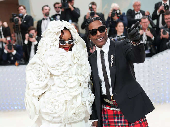 For their 2023 Met Gala outing, Rihanna shut down the red carpet in a petal-covered bridal look while Rocky sported a kilt over bedazzled jeans.