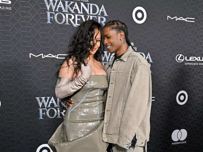 For the premiere of "Black Panther 2: Wakanda Forever," Rihanna and Rocky stepped onto the red carpet in grey ensembles with matching trains.