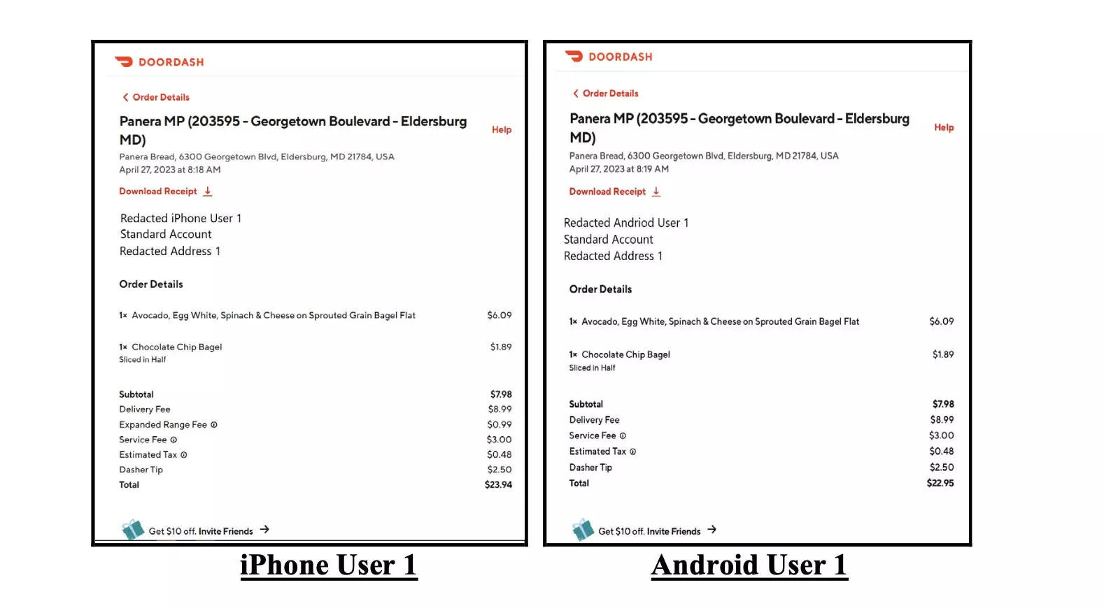 Two screenshots show two identical orders on DoorDash to a Panera Bread location in Maryland. The left, placed on an iPhone, shows a total of $23.94, while the the one on the right, placed on an Android, totals $22.95.