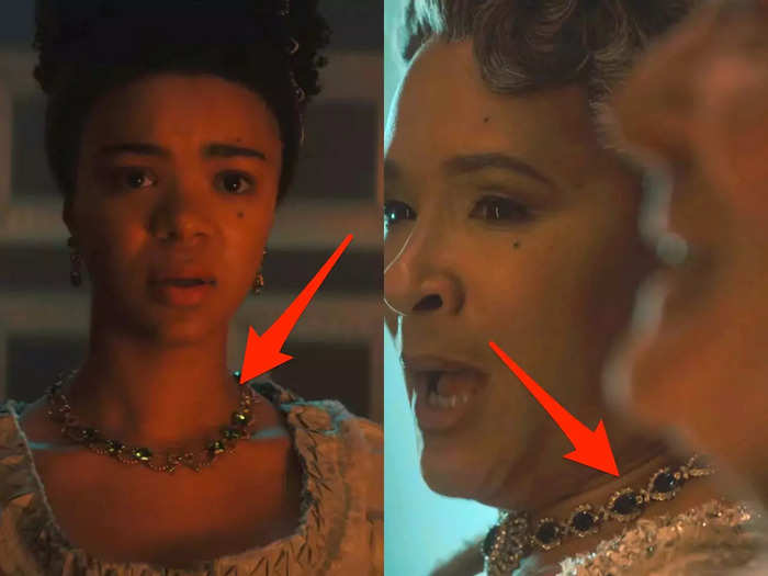 Queen Charlotte wears the same emerald necklace in both timelines.