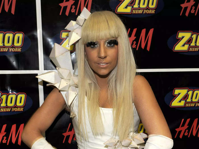 White diamonds protruded from the dress Lady Gaga wore to the 2008 Jingle Ball in New York City.