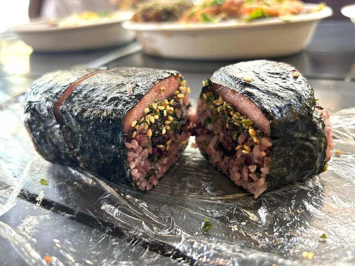 Then we tried the Spam musubi, which featured seaweed-wrapped Spam on purple rice.