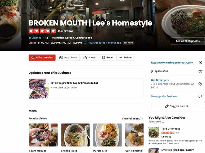 Yelp has declared that Broken Mouth, a hidden gem in Los Angeles, is the best restaurant in the US.