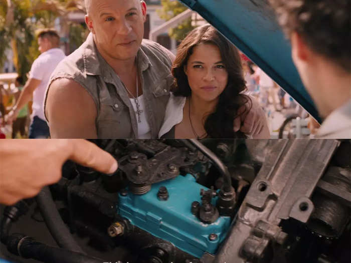 Han (Sung Kang) comments on Dom putting an old boat engine in a new car.