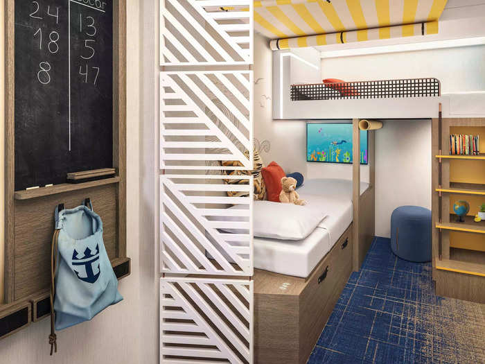 This square footage includes a separate colorful "alcove" complete with a bunk bed, televisions, and small storage units, according to renderings of the room.