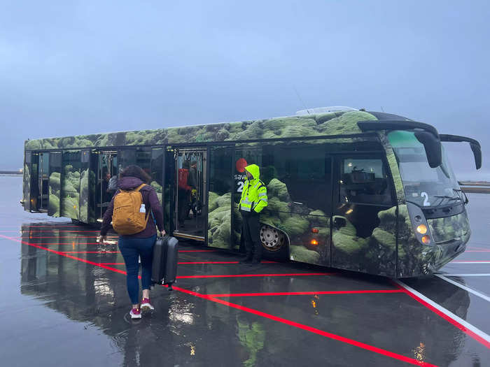 I was among the first off the plane to board a shuttle bus to the airport terminal in chilly, rainy Reykjavik.