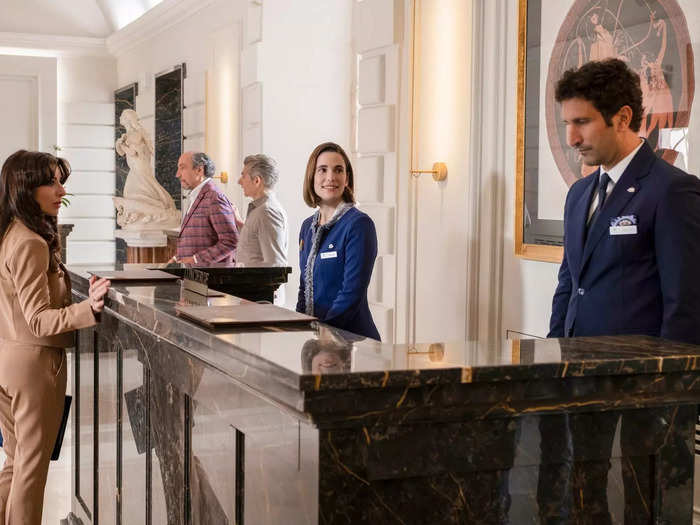 The reception desk is where the fictional hotel manager, Valentina, is often seen throughout the series as she reprimands staff and assists hotel guests.