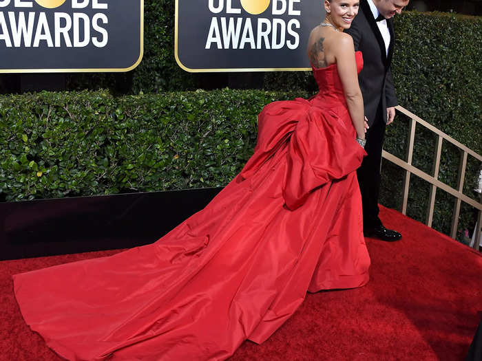 At the 2020 Golden Globes, Johansson turned heads in a red trumpet gown.