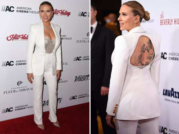 At the 2021 Cinematheque Awards, Johansson wore a white suit and chain-mail corset top. The outfit looked simple from the front.
