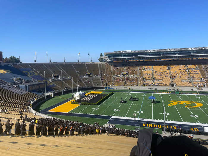 Finally in the stadium, all the graduates found seats in the stands.