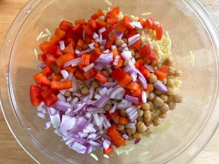 Then I added the chickpeas, onion, and bell pepper.