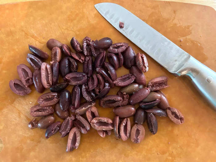 I also halved my Kalamata olives, minced the dill, and diced my feta cheese.