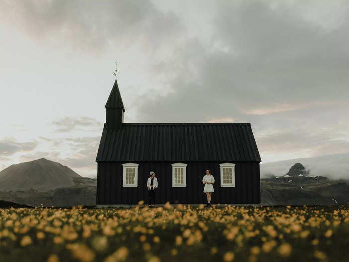 This happy couple was photographed in Búðir, Iceland.