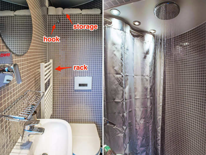 A shower curtain separated the shower head and sink from the toilet and storage shelving. I thought the shower was positioned far enough away from the toilet to make them feel like two separate rooms.