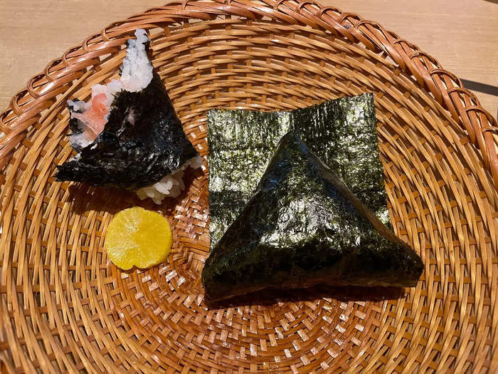 Before I could finish the first onigiri, I was handed my cup of miso, and shortly after that came my sour plum onigiri.