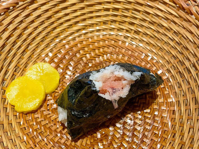 It was the salted cod roe. After a few bits of rice and seaweed, the salty fish eggs hit my mouth. The flavors and textures were balanced and delicious. The seaweed was crisp, the rice was moist, and the roe wasn