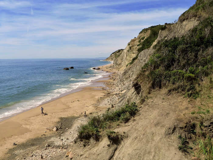 Mohegan Bluffs in Rhode Island provides stunning views from 150-foot cliffs that line the shore.